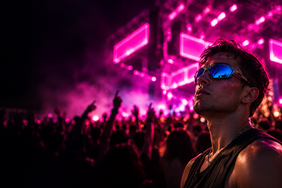 Festival-goer wearing blue mirrored wraparound sunglasses