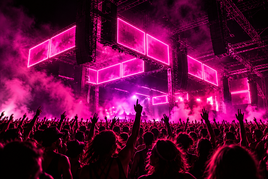 Raised hands beneath magenta rave stage lights