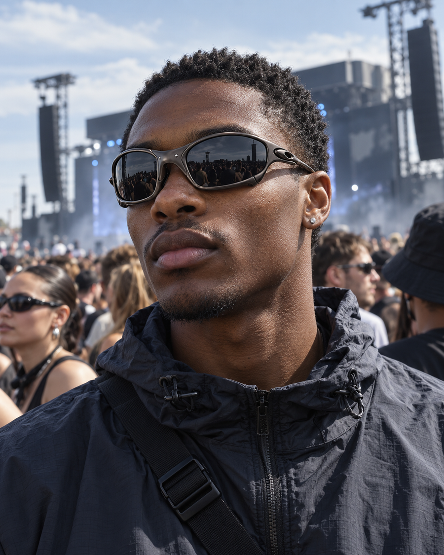 Festival dancer wearing wraparound sunglasses under magenta lights